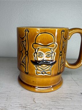 Vintage 1970s Mustache Man Shaving Mug Ceramic  Brown Glaze Finish